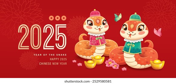 2025 Chinese New Year, Year of the Snake poster with cute zodiac snakes, butterflies, flowers and gold ingots.