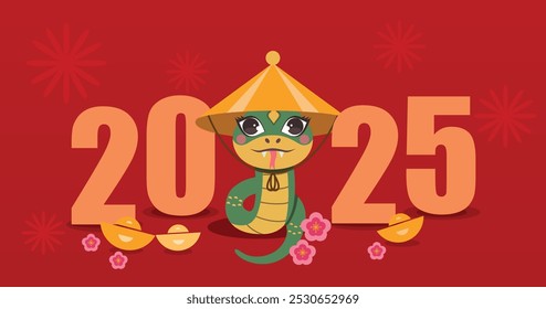 2025 Año Nuevo chino, 2025 Año de la serpiente cartel con diseño de serpiente del zodiaco. lingotes de oro y flores. Año del diseño del Anuncio de la serpiente con la serpiente del zodiaco chino.