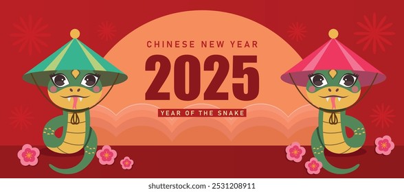 2025 Chinese New Year, Year of the Snake banner with cute zodiac snakes. holiday card, banner, poster, decor element.