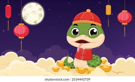 2025 Chinese New Year of Snake background, with gold ingot and traditional clothing 