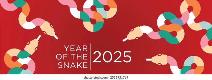 2025 Chinese new year, year of the snake banner template design with modern geometric style snakes on red background.