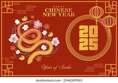 2025 Chinese new year, year of the snake banner design. Lunar new year 2025 background, greeting, template, poster design with Chinese zodiac snake and floral illustration. 