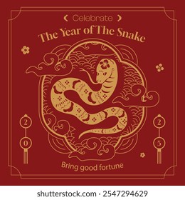 2025 Chinese new year, year of the snake square post template design with golden snakes and beautiful flowers background