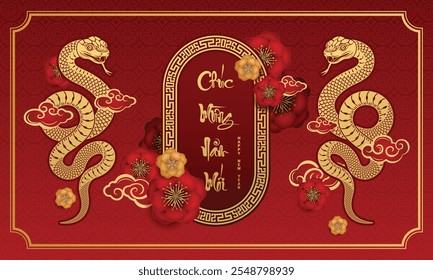 2025 Año Nuevo chino, año de la serpiente. Conjunto de carteles de año nuevo vietnamita, diseño de tarjetas de felicitación con serpiente del zodiaco chino. (Traducción: Feliz año nuevo 2025)