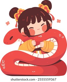 2025 Chinese New Year snake characters surrounding a girl