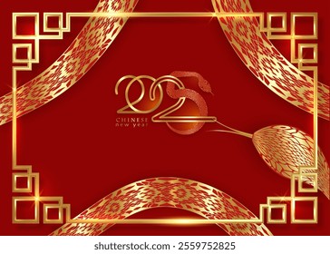 2025 Chinese New Year, Year of the Snake. Enso Circle Gold Logo design for cover, card, poster, banner. Golden China pattern border frame. Vector illustration clipart isolated on red background
