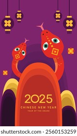 2025 Chinese New Year, year of the snake. Chinese zodiac snake in geometric flat modern style, Lunar New Year design.