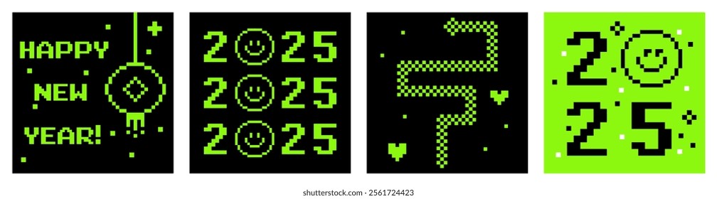 2025 Chinese New Year. Year of the snake. Set of minimal Chinese New Year posters in pixel art. Simple geometric greeting cards design with Chinese zodiac snake. Black background. Acid green vector