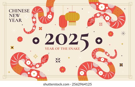 2025 Chinese new year, year of the snake banner template design with snake and beautiful blossom flowers background. Lunar new year concept, geometric modern vector design