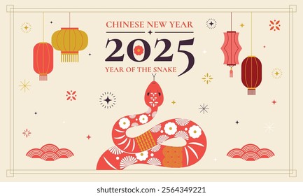 2025 Chinese new year, year of the snake banner template design with snake and beautiful blossom flowers background. Lunar new year concept, geometric modern vector design