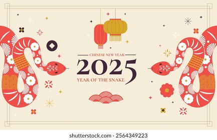 2025 Chinese new year, year of the snake banner template design with snake and beautiful blossom flowers background. Lunar new year concept, geometric modern vector design