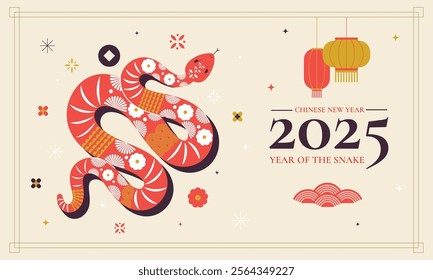 2025 Chinese new year, year of the snake banner template design with snake and beautiful blossom flowers background. Lunar new year concept, geometric modern vector design