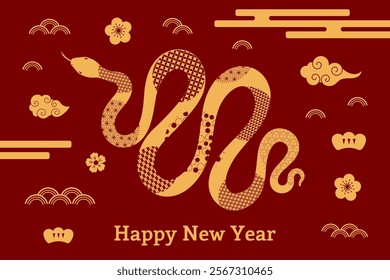 2025 Chinese New Year snake, abstract elements, clouds, flowers, typography Happy New Year, gold on red. Vector illustration. Line art. Asian style design. Concept holiday card, banner, poster, decor