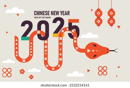 2025 Chinese new year vector design cards. 2025 year of the Snake. Lunar new year concept. Geometric modern vector with abstract forms, snakes. Design for calendar, cover, flyer.