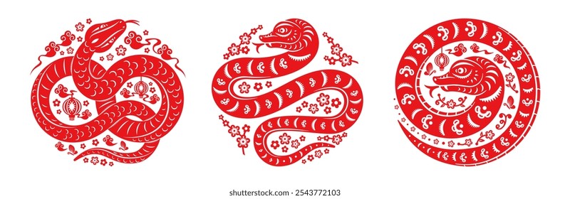 2025 sinal chinês do Zodíaco do Ano Novo, ano da serpente, pequeno dragão, flores e cobras, corte de papel. Cartão CNY vermelho, estilo artesanal. Ilustração de estilo plano de vetor de caligrafia de China