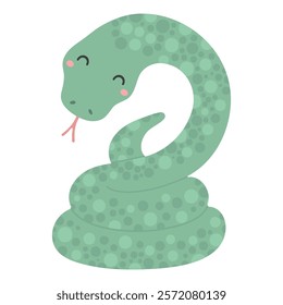 2025 Chinese zodiac sign, cute snake flat character illustration. Hand drawn cartoon vector illustration, isolated on white. Lunar New Year kawaii holiday card, banner design element