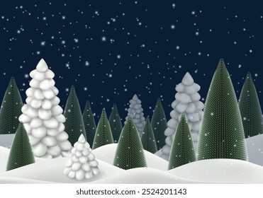 2025 Natal 3d vetor árvore cena. Estrelas de prata brilham no céu azul escuro, ilustração de queda de neve. Feliz Natal, Feliz Ano Novo decoração noite. Árvore com abeto nevado à deriva. Noite reluzente paisagem neve