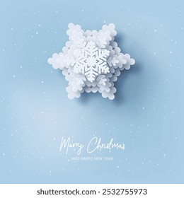 2025 Christmas and New Year background. Paper snowflakes xmas decorations. White and blue colors