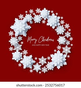 Navidades de 2025 y antecedentes de Año Nuevo. Copos de nieve de papel decoraciones de Navidad. Colores blanco y rojo