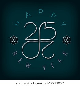 2025 Circle Composition Silver Numerals Logo with Zeroes Making Mobius Loop Impossible Figure and Happy New Year Greetings Lettering - Chrome on Turquoise Background - Vector Gradient Graphic Design