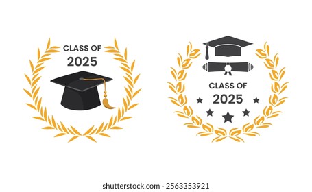 2025 class graduate. The concept of decorate congratulation with laurel gold for class of 2025 graduates. Design for t-shirt, flyer, invitation, greeting card.