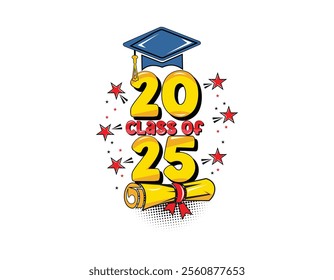 2025 class graduate header. Decorate congratulations for school graduates in comic cartoon style. Vector on transparent background