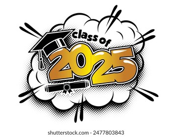 Cabecera de graduación de clase 2025. Decora felicitaciones para los graduados de la escuela en estilo de dibujos animados cómicos. Vector sobre fondo transparente