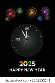 2025 clock happy new year with fire works vector poster