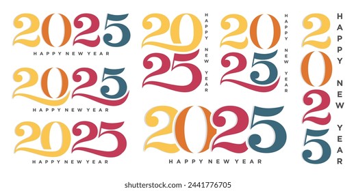 2025 colorful big set of Happy New Year logo design. Vector illustration