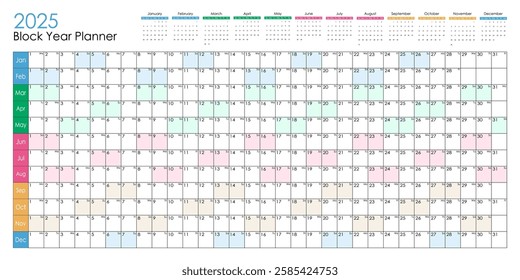 2025 colorful block year planner. Vector design.