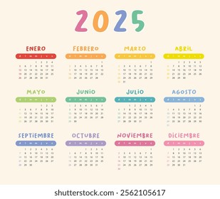 2025 Colorful calendar in Spanish, monthly planner with rainbow colors, January, february, march