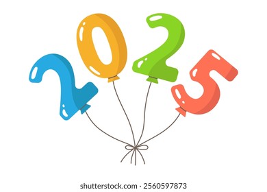 2025 colorful new year balloons, festive holiday decoration,cheerful celebration air-filled celebration design for party, playful flat decoration design. Isolated.Vector illustration.