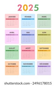 2025 colorful printable vertical A4 calendar modern classic on French language. Week starts on Monday. Desk or wall A4 calendar in minimalist style