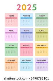 2025 colorful printable vertical A4 calendar modern classic on Spanish language. Week starts on Monday. Desk or wall A4 calendar in minimalist style