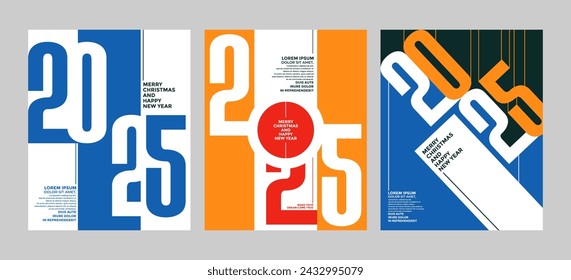 2025 colorful set of Happy New Year posters. Abstract design typography logo 2025 for vector celebration and season decoration, backgrounds, branding, banner, cover, card and or social media template.