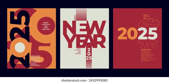 Colorido conjunto de posters de Feliz Año Nuevo 2025. Logo 2025 de la tipografía del diseño abstracto para la celebración del vector y la decoración de la estación, fondos, marca, bandera, cubierta, tarjeta y/o plantilla de medios sociales.