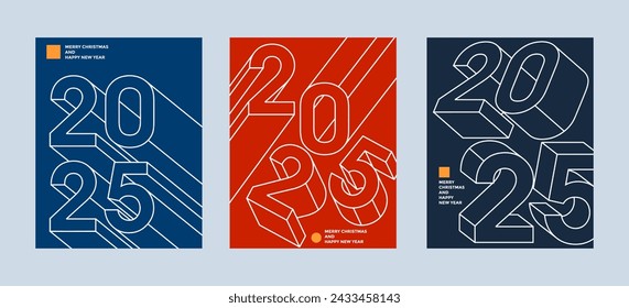 Colorido conjunto de posters de Feliz Año Nuevo 2025. Logo 2025 de la tipografía del diseño abstracto para la celebración del vector y la decoración de la estación, fondos, marca, bandera, cubierta, tarjeta y/o plantilla de medios sociales.