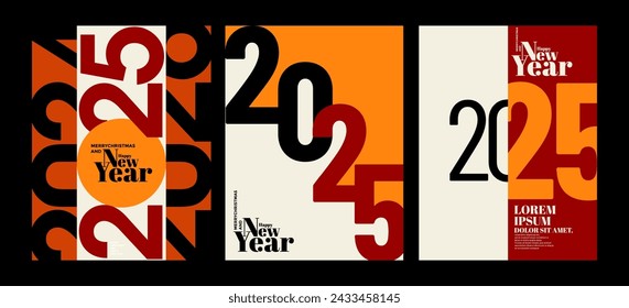 2025 colorful set of Happy New Year posters. Abstract design typography logo 2025 for vector celebration and season decoration, backgrounds, branding, banner, cover, card and or social media template.