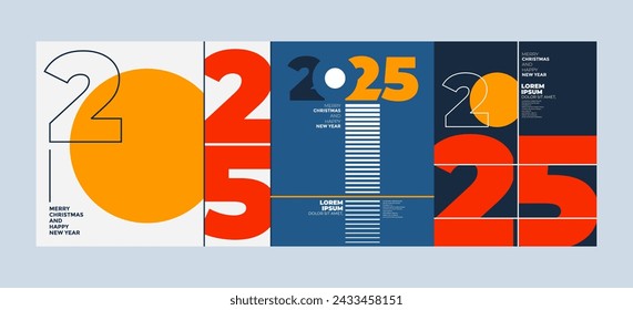 Colorido conjunto de posters de Feliz Año Nuevo 2025. Logo 2025 de la tipografía del diseño abstracto para la celebración del vector y la decoración de la estación, fondos, marca, bandera, cubierta, tarjeta y/o plantilla de medios sociales.