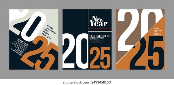 Colorido conjunto de posters de Feliz Año Nuevo 2025. Logo 2025 de la tipografía del diseño abstracto para la celebración del vector y la decoración de la estación, fondos, marca, bandera, cubierta, tarjeta y/o plantilla de medios sociales.