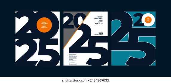 2025 colorful set of Happy New Year posters. Abstract design typography logo 2025 for vector celebration and season decoration, backgrounds, branding, banner, cover, card and or social media template.