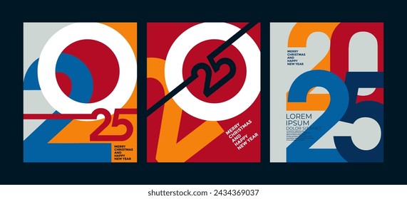 Colorido conjunto de posters de Feliz Año Nuevo 2025. Logo 2025 de la tipografía del diseño abstracto para la celebración del vector y la decoración de la estación, fondos, marca, bandera, cubierta, tarjeta y/o plantilla de medios sociales.