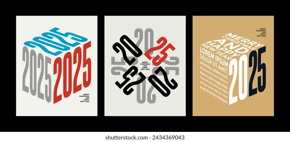 2025 colorful set of Happy New Year posters. Abstract design typography logo 2025 for vector celebration and season decoration, backgrounds, branding, banner, cover, card and or social media template.