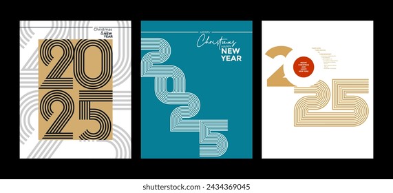 2025 colorful set of Happy New Year posters. Abstract design typography logo 2025 for vector celebration and season decoration, backgrounds, branding, banner, cover, card and or social media template.