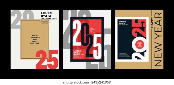 Colorido conjunto de posters de Feliz Año Nuevo 2025. Logo 2025 de la tipografía del diseño abstracto para la celebración del vector y la decoración de la estación, fondos, marca, bandera, cubierta, tarjeta y/o plantilla de medios sociales.