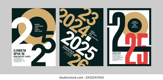 2025 colorful set of Happy New Year posters. Abstract design typography logo 2025 for vector celebration and season decoration, backgrounds, branding, banner, cover, card and or social media template.