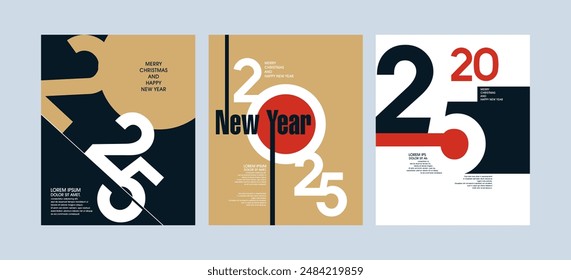 Colorido conjunto de posters de Feliz Año Nuevo 2025. Logo de tipografía de diseño Abstractas 2025 para la celebración de Vectores y decoración de temporada, fondos, marca, Anuncio, portada, tarjeta y/o Plantilla de redes sociales.