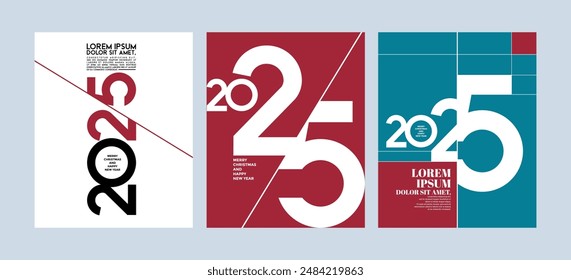 2025 colorful set of Happy New Year posters. Abstract design typography logo 2025 for vector celebration and season decoration, backgrounds, branding, banner, cover, card and or social media template.