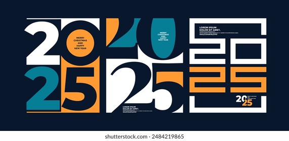 2025 colorful set of Happy New Year posters. Abstract design typography logo 2025 for vector celebration and season decoration, backgrounds, branding, banner, cover, card and or social media template.