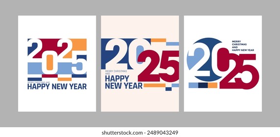 2025 colorful set of Happy New Year posters. Abstract design typography logo 2025 for vector celebration and season decoration, backgrounds, branding, banner, cover, card and or social media template.